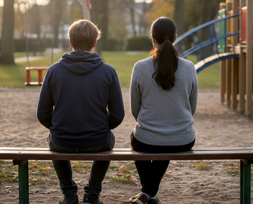 Junges Paar sitzt auf einer Bank am Spielplatz